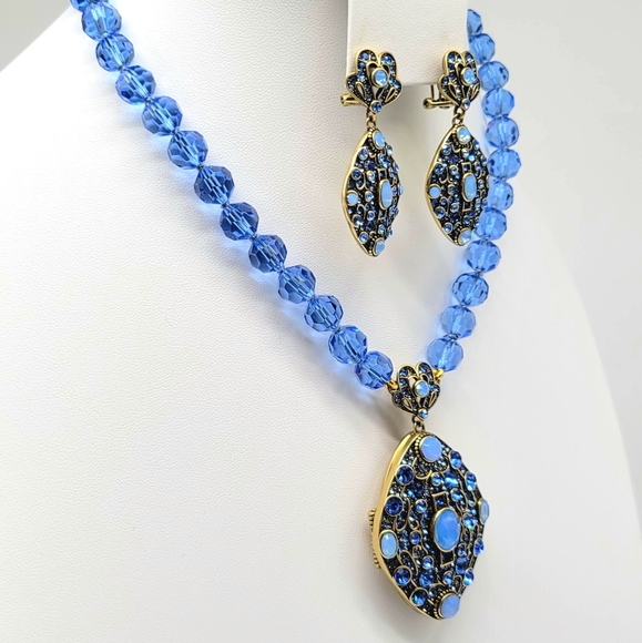 Heidi Daus Art Deco Locket Necklace and Earrings Set with Sapphire Crystals - Picture 5 of 13